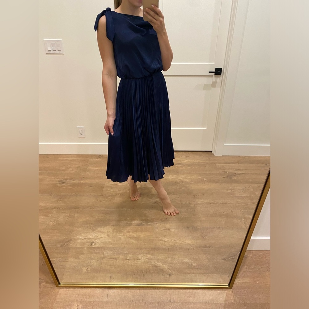 Navy blue satin pleated dress